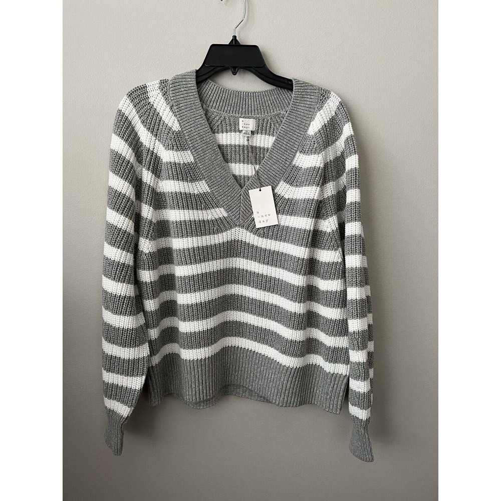 A New Day Sweater Womens XL Grey Striped Pullover Slouchy Boho Cozy‎ Chunky Knit - Picture 5 of 9